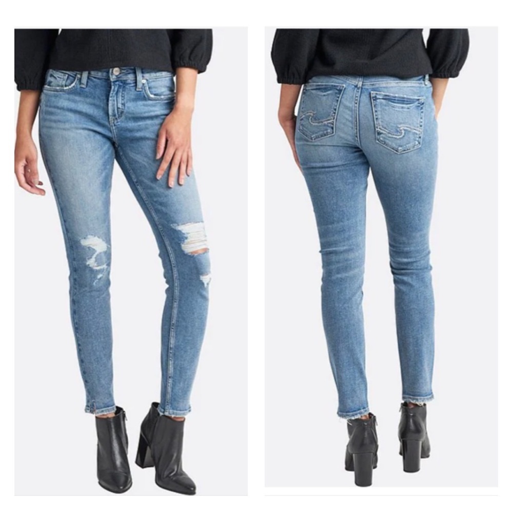 Silver Jeans Elyse Super Skinny High Mid Rise Destructed Ripped 29 x 29 Stretch